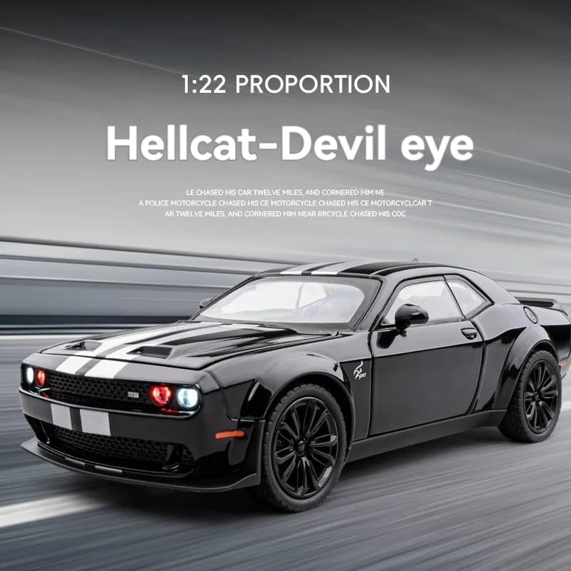 Image of 1:22 Scale Dodge Challenger SRT Hellcat-Devil Eye Toy Car | Metal Pullback Diecast Car for Kids with Openable Doors, Sound, Light Effects Toy for Car Enthusiasts (Color As Per Available)
