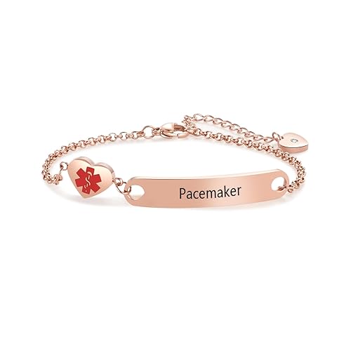 NARTGO Rose Gold Heart Medical Alert ID Bracelet for Women