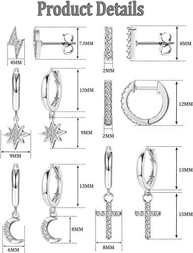 LOLIAS 6 Pairs 925 Silver Moon Star Cross Dangle Hoop Earrings for Women Mini Bar Drop Stud Earrings Set Small Huggie Hoop Earring Lightning Cubic Zirconia Earrings