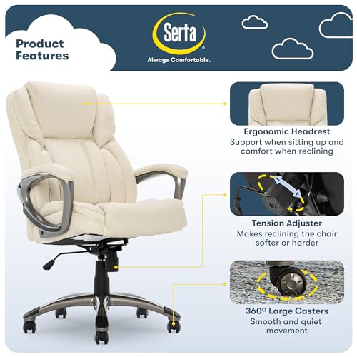 Serta Garret Executive Office Chair, Ergonomic Mid-Back with Lumbar Support, Semi-Plush Cushion and Body Pillows, Padded Armrests, Swivel Base, Bonded Leather, Ivory White by Serta - Image 2