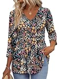 OFEEFAN 3/4 Length Sleeve Womens Tops 2025 Blouses for Women Dressy Casual Fashion Clothing V Neck Babydoll Tops Fall Outfits Boho Top L