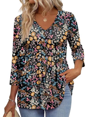 Image of OFEEFAN 3 /4 Length Sleeve Womens Tops 2026 Blouses for Women Dressy Casual Fashion Clothing V Neck Babydoll Tops Fall Outfits