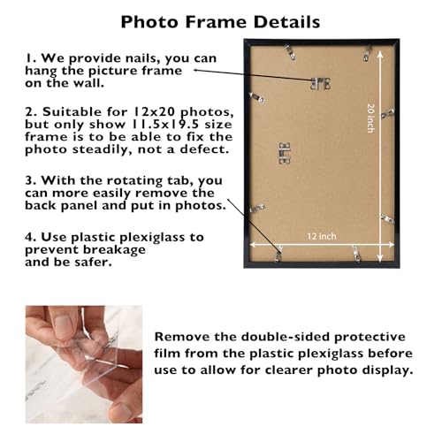 Image of JCJMY 12x20 Picture Frame Black for Poster Photo Picture, Horizontal and Vertical Formats for Wall Hanging, 12 x 20 Wall Gallery Poster Photo Frame for 12 by 20 Photos Posters, Black