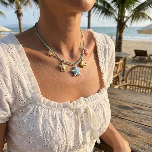 RINHOO Coastal Charm Necklace Sea Turtle Starfish Fish Pendant Handmade Boho Choker Ocean Beach Vacation Country Concert Jewelry for Women (Blue) — view 4