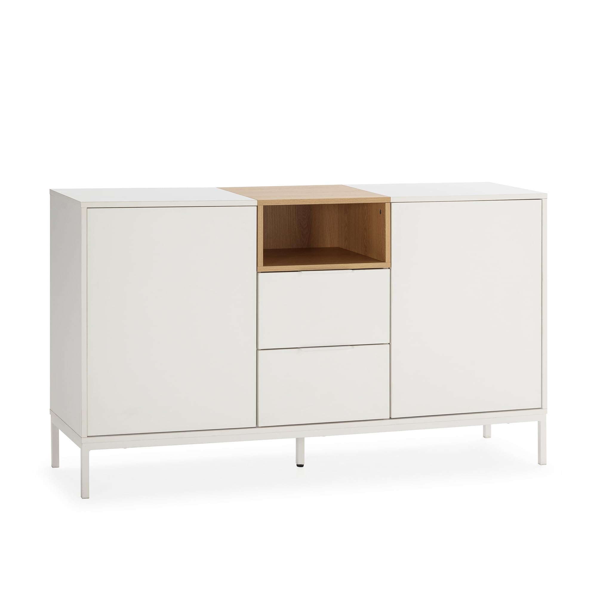 HOMN LIVING Aparador Nieve 2 Puertas 2 cajones Color Blanco/Roble, 140 cm (Ancho) 40 cm (Profundo) 80 cm (Altura)