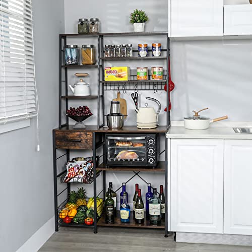 Kitchen Bakers Rack Standing, 6-Tier Microwave Oven Stand With Drawers And Wire Baskets, Wooden Coffee Bar Workstation Organizer Shelf, Utility Storage Rack For Kitchen,Living Room,Office,Rustic Brown #TOP3