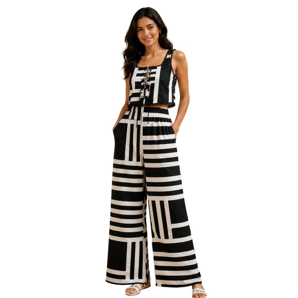 Women's Black & White Geometric Crop Top and Wide Leg Pants Set | Cordset Top and Bottom | Women's Co-Ord Set | Casual Two Piece Outfit-picture-41