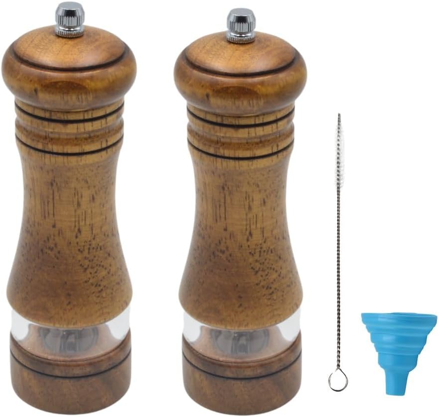 Classic Salt and Pepper Grinder Set,Refillable Salt and Pepper Mills,Manual Oak Wood Salt Grinder,Pepper Grinder,Visible Adjustable Ceramic Grinding Rotor,2 Packs Set,6.5 Inch Each