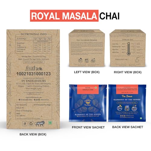Image of TEA SENSE Royal Masala Chai | 15 Pc Pyramid Tea Bags | Kadak Flavor | Asaam CTC, Ginger, Cardamom, Clove, Cinnamon, Black Pepper, Star Anise, Strong Milk Tea