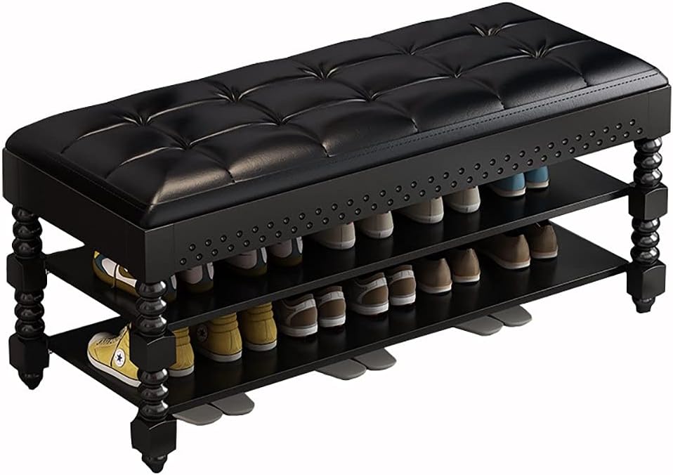 Easy Assembly Shoe Bench, Storage Bench Storages Rack Organizer with Cushion 2 Tier Lift Top Shoe Rack for Entryway Living Room Bedroom Hallway Wooden Furniture, Max Load 440 LBS (Color : Black, Siz