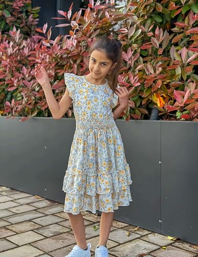Image of Arshiner Girls Dresses Flutter Sleeve A-Line Sundress Casual Summer Tiered Swing Midi Pocket Dress
