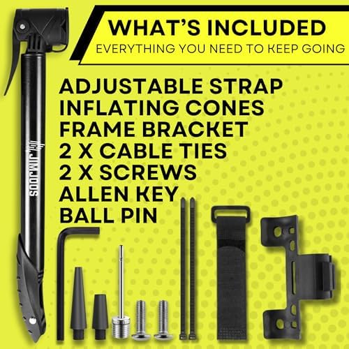 JIMJOOS Portable Mini Bike Pump - Aluminium Alloy Bicycle Pump for Presta & Schrader Valve - Lightweight 100PSI Mountain Bike Tyre Pump - Includes Frame Bracket, Inflatable Cones and Ball Pump Needle
