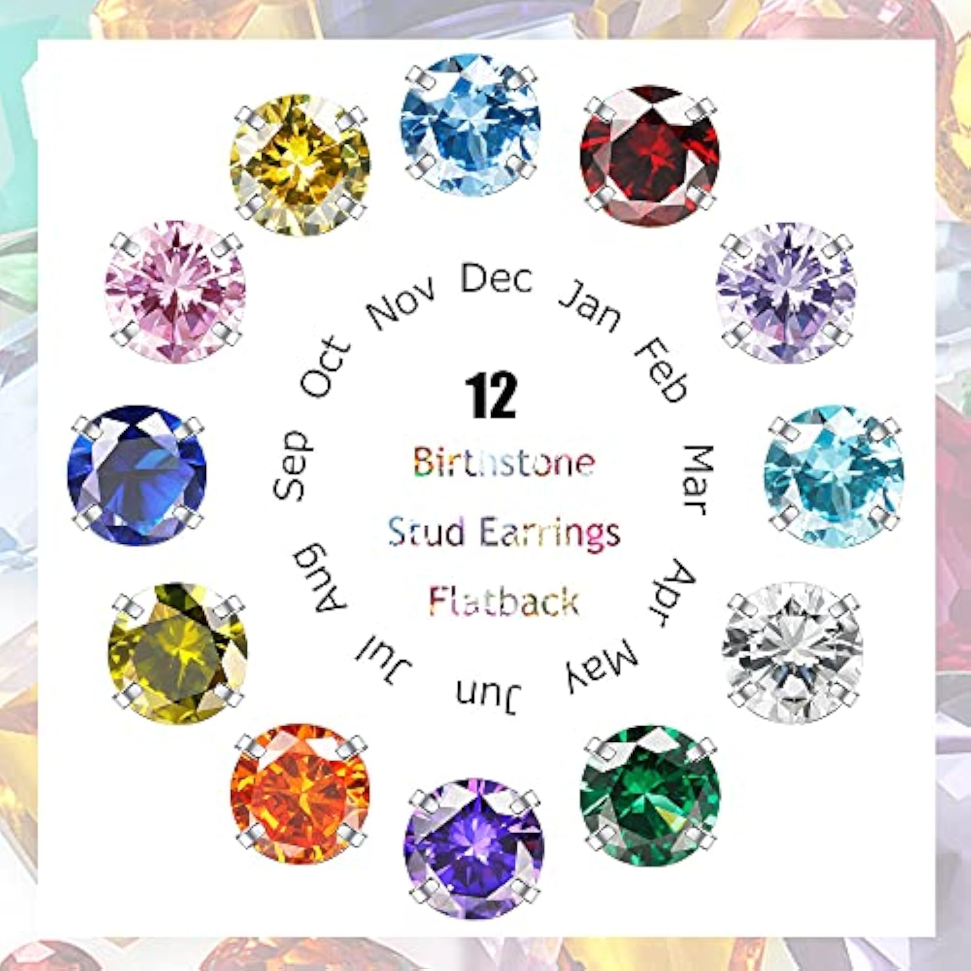 12 Pair 18K Silver Plated MultiColor CZ Crystal Stud Earrings Set