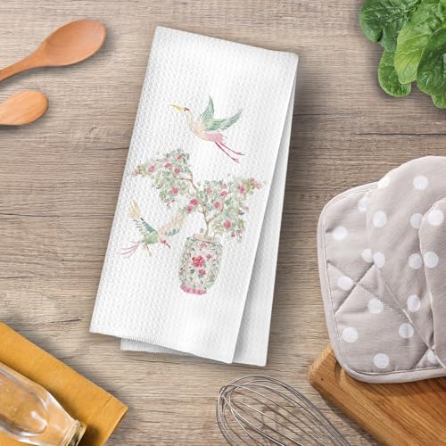 Image of Chinoiserie Grandmillennial Kitchen Decor - Preppy Peony Chinoiserie Decorative Waffle Dish Towels for Kitchen, Floral Grandmillennial Hand Towel, Vintage Porcelain Tea Towel, 16x24 Inches
