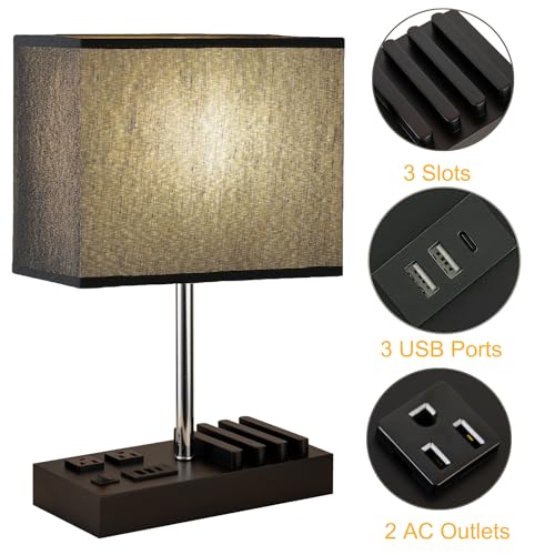 Briever USB Table Lamp, Multi-Functional Desk Lamp with 2 AC Outlets, Bedside Lamp with 3 USB Charging Ports and Wooden Phone Stands, Nightstand Lamp