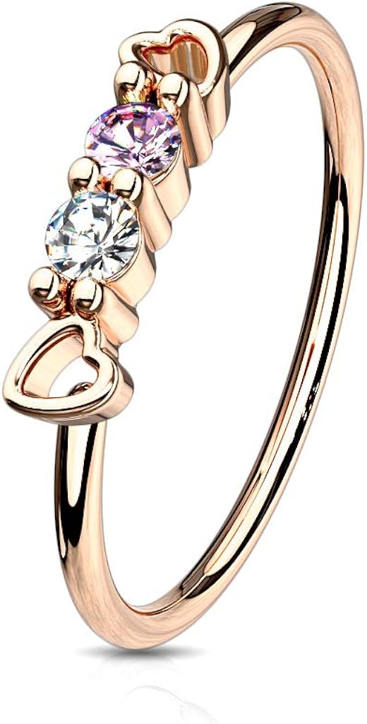 Amelia Fashion 20 Gauge Petite CZ and Hearts Set Top Bendable Nose Hoop/Cartilage Ring 316L Surgical Steel (Choose Color)