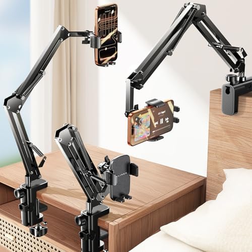 LISEN Phone Stand Holder for Desk Mount Clamps, Heavy Duty Phone Stand for Desk Adjustable Arms for iPhone 16 15 14 Pro Max Samsung Galaxy S25 S24 Ultra All 4-7" Smartphones