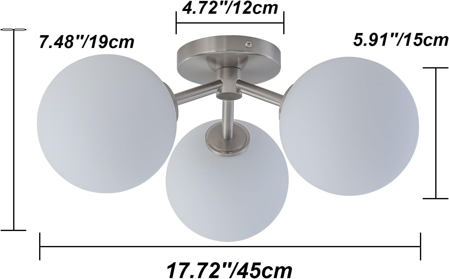 Brushed Nickel Semi Flush Mount Ceiling Light Fixture, 3 Light Milk Glass Globe Mid Century Modern Light Fixtures for Bedroom,Entryway,Hallway,Living Room,Kitchen,Dining Room