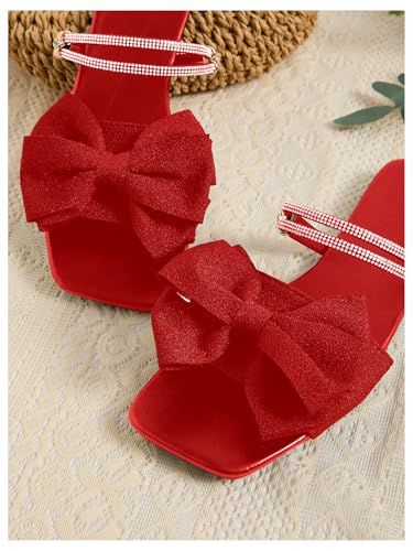 Image of GORGLITTER Women's Bow Flat Sandals Dressy Rhinestone Comfortable Sandals | Cute Slip On Slides, Strappy Flats, Square Toe, Sparkly Dressy Party Wedding Sandals for Bride