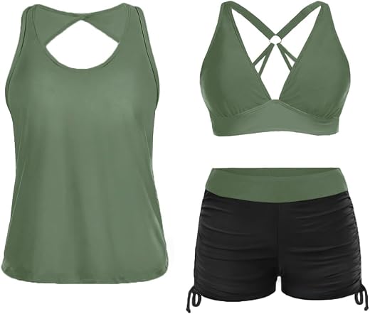Yonique 3 Piece Tankini Swimsuits for Women Swim Tank Top Bathing Suits with Boy Shorts and Bra Athletic Swimwear, Black &...