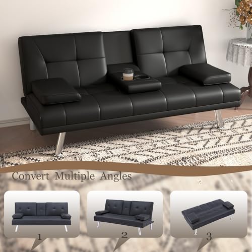 67\"Modern Futon Sofa Bed,Convertible 3 in 1 Sleeper Bed Couches with Adjustable Backrest,Cup Holders,Comfy PU Leather Recliner Sofa Loveseat with Chrome Legs for Small Home Living Room (Black) - Thumbnail 5