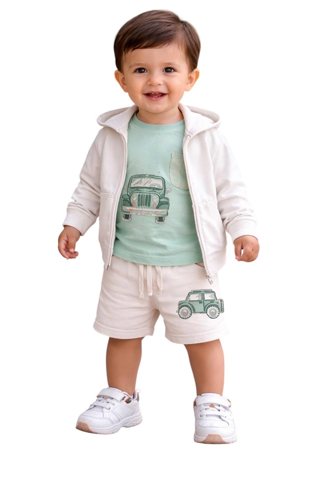 Mayoral Completo estivo per bambino 24 mesi - 92 cm con felpa zip - t-shirt e pantaloncino beige tema jeep