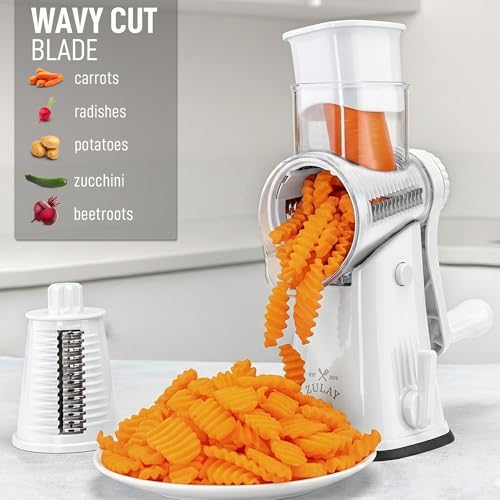 Image of Zulay Kitchen Rotary Cheese Grater 5 Blade Cheese Shredder - Manual Hand Crank Cheese Grater With Reinforced Suction & 5 Interchangeable Drums - Easy to Use, Vegetable Chopper Round Mandoline Slicer