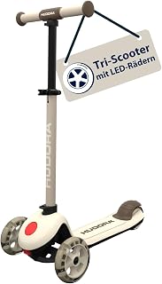 HUDORA Tri‑Scooter mit LED‑Rädern – 3‑Rad Scooter mit höhenverstellbarem Lenker – breitem Hinterrad, ABEC‑7 Kugellager, rutschfestem Deck & Hinterradbremse – Outdoor Tretroller für Kinder