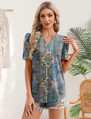Image of Zeagoo Women Blouses Puff Short Sleeve Tops V Neck Dressy Casual Spring Shirts Boho Floral Cute Clothes 2026