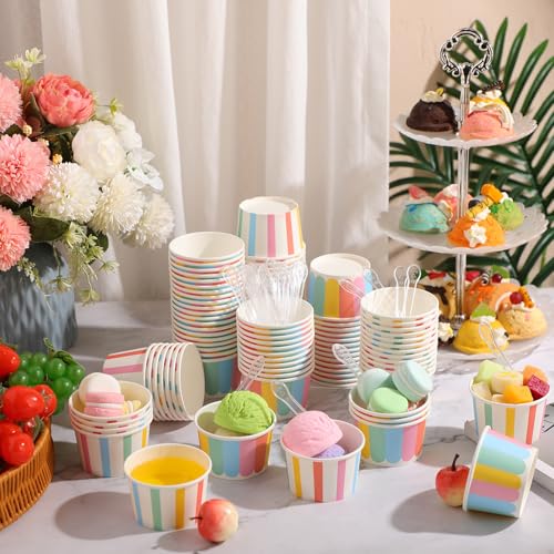 Image of Boao 100 Set 5 oz Ice Cream Cups with Spoons Disposable Paper Sundae Dessert Bowls Summer Party Supplies (Striped Style)