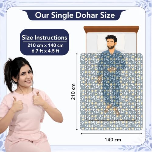 Image of Divine Casa 120 GSM Glace Cotton Single Bed Dohar | Lightweight & Soft AC Blanket | Reversible Quilt | 210 x 140 CM, Navy Blue & Mustard Yellow
