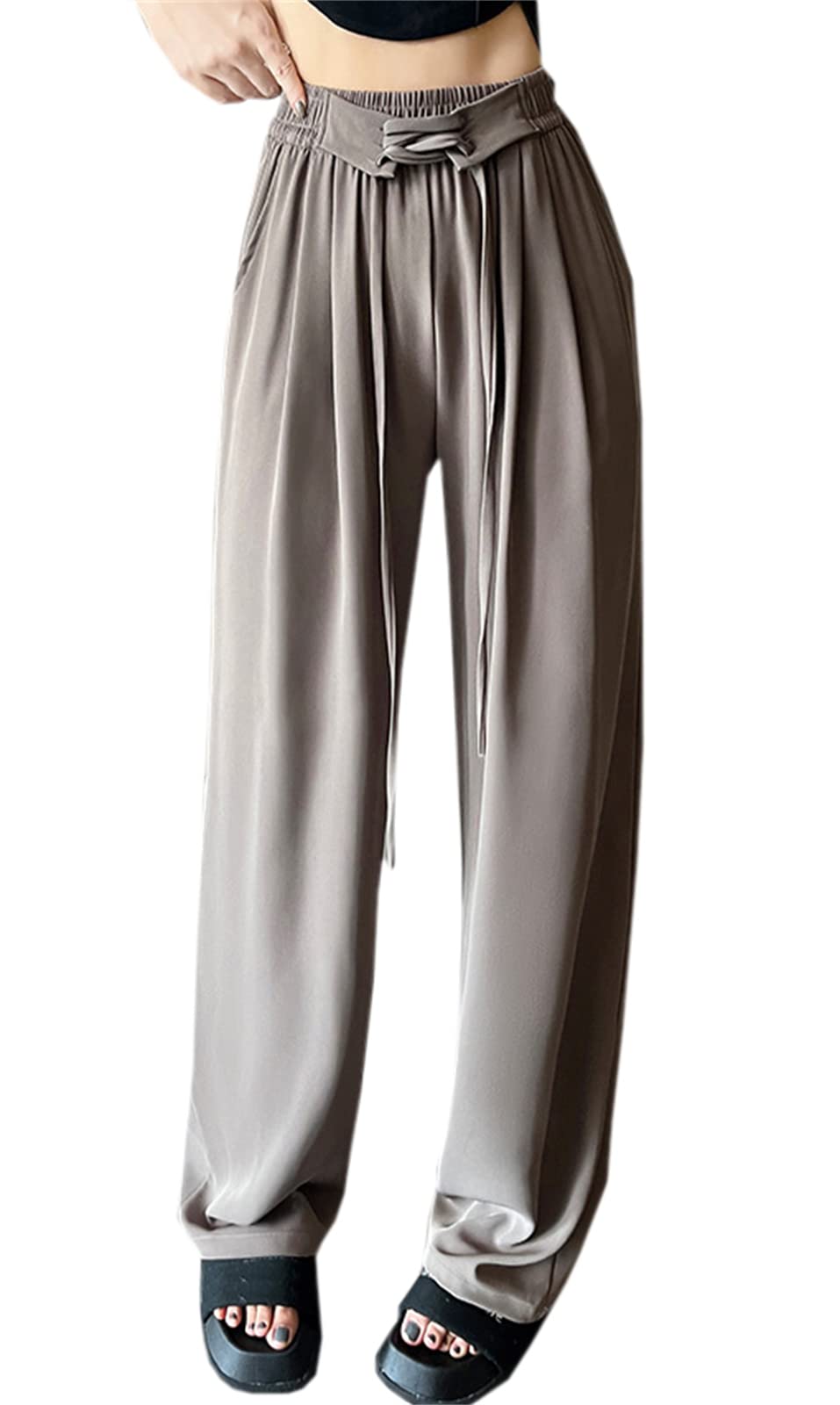 Betusline Womens Elastic Drawstring Waist Wide Leg Dress Pants