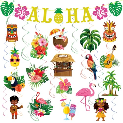 Hawaiian Party Decorations Luau Aloha Banner and Hanging Spiral Set Summer Tropical Beach Birthday Party Supplies Hanging Swirls