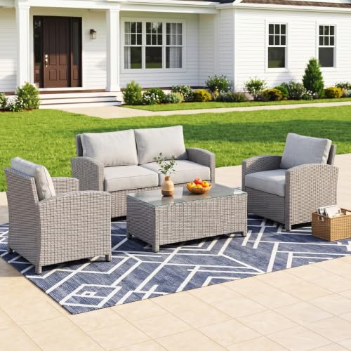 Image of DEVOKO 4PCS Patio Wicker Furniture Set Center Table Silver Grey Rattan Chairs and Grey Cushions Outdoor Furniture for Backyard, Garden, Blacony