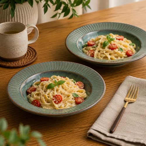 Image of Beyond Homes Ceramic Pasta Plates Shallow, 9.5 Inch, Set of 2 | Gloss Metallic Glaze | Ceramic Pasta Bowls | Stoneware Flat Pasta & Maggie Bowl | Chip-Resistant | Microwave Safe (2, Jade Green)