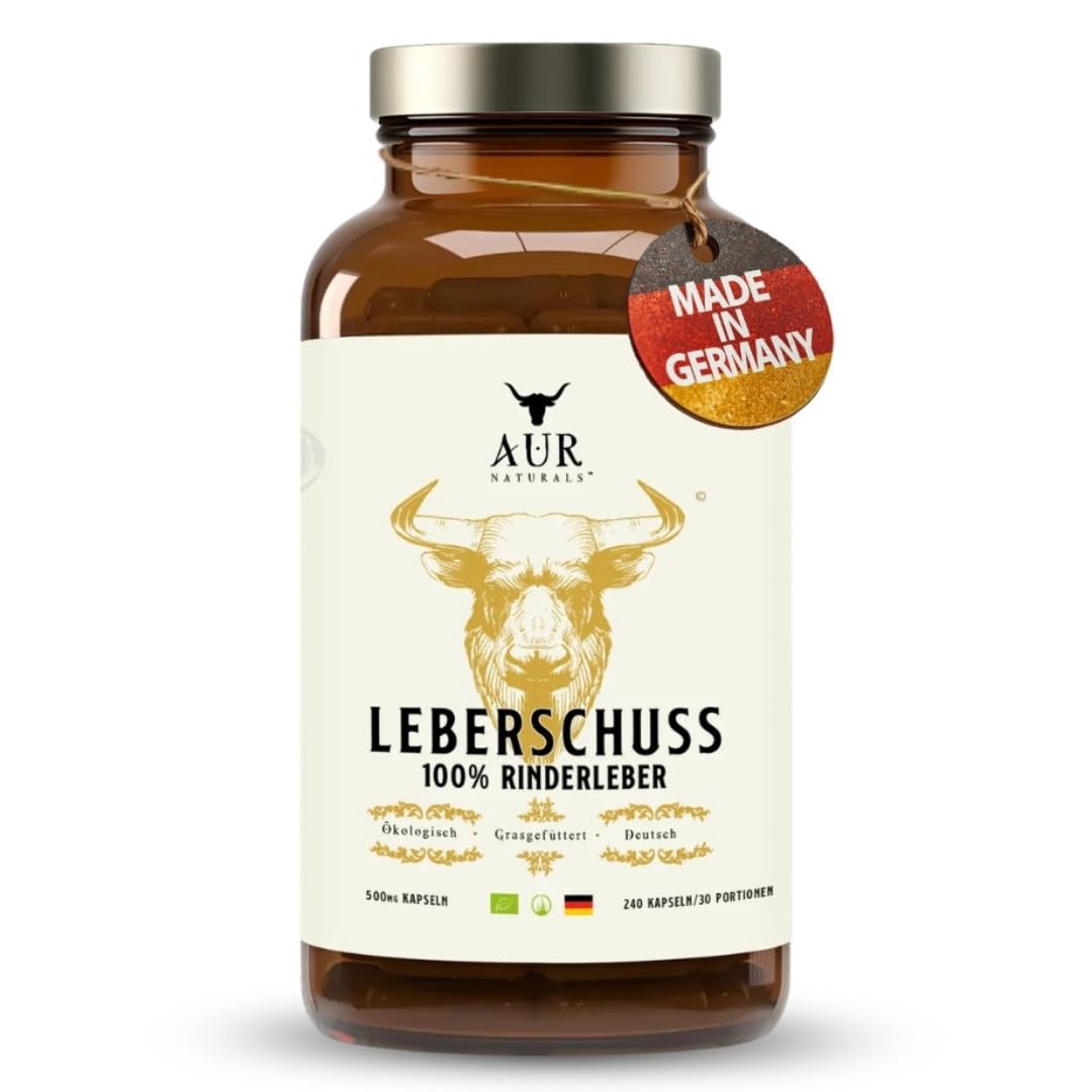 Bio Rinderleber Kapseln – 240 Stück von grasgefütterten Weiderindern aus Deutschland | Natürliches Multivitamin mit Folat, Eisen, Vitamin B12 & Kupfer | Hochwertiges Leber-Supplement I AUR Naturals