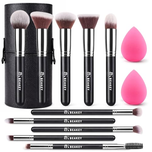 BEAKEY 13PCS Makeup Brush Set with Case & 2 Sponges, 10 Makeup Brushes Full Face Kit, Beginner Friendly, Soft Synthetic Bristles for Smooth Even Application, Travel Makeup Kit for Face & Eye