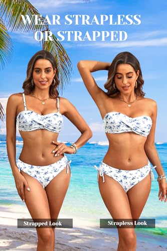 Image of Women's Strapless Bandeau Bikini Set - Twist Front Two Piece Swimsuit Top with Side Tie Bathing Suit Bottom