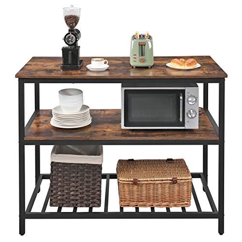 VASAGLE ALINRU Kitchen Island with 3 Shelves, Kitchen Shelf with Large Worktop, Stable Steel Structure, 47.2 x 23.6 x 35.4 Inches, Industrial, Easy to Assemble, Rustic Brown and Black UKKI01BX