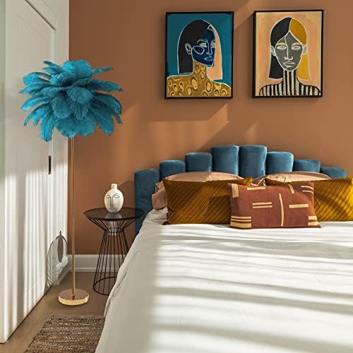 Natural Ostrich Feather Floor Lamp, Simple Modern Living Room Bedroom Standing Lamp, Led Bedroom Lamp, Blue, 1.6m, Golden Lamp Body