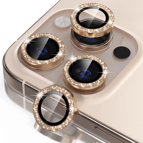 Misea Compatible with iPhone 16 Pro/iPhone 16 Pro Max Camera Lens Protector Bling, 9H Tempered Glass Camera Cover Screen Protector Metal Individual Ring Protection Decoration Accessories, Gold Glitter