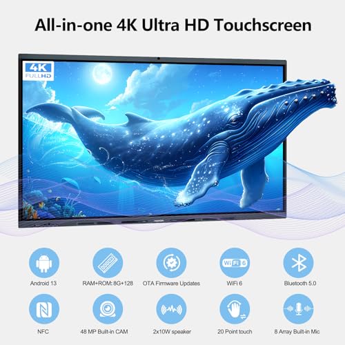 Image of 65 inch Smart Board Digital Whiteboard as 4K UHD Interactive Display Touchscreen,Android 13,8GB+128GB,20-Point Touch,Ideal for Business Meetings,Home Offices,and classrooms,Dual-System Support