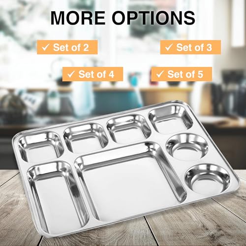 Image of Expresso Heavy Duty Stainless Steel Rectangle Dinner Plate w /8 Sections Divided Mess Trays for Kids Lunch, Camping, Events & Every Day Use Kitchenware - Set of 2 Pcs