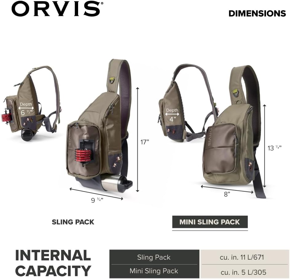Orvis Mini Sling Pack (26B2) Shoulder Strap Tackle Backpack - Fly Fishing Tool Bag of 100% Recycled ECO CORDURA Fabric With TPU Coating, 5-Liter Capacity and Internal Features, Dusty Olive - One Size