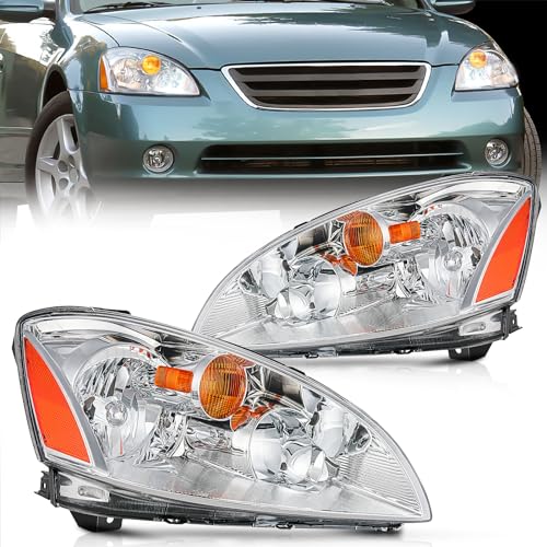 Image of Nilight Headlight Assembly Compatible with 2002 2003 2004 Nissan Altima Chrome Housing Amber Reflector Clear Lens Headlights Replacement Driver and Passenger Side