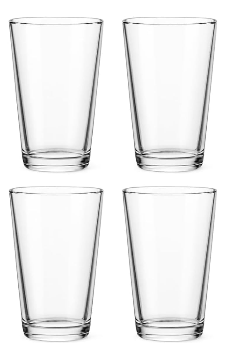 Pint Beer Glasses Set of 4 16 oz Tall Clear Drinking Glasses and All Purpose Tumblers Heavy Base