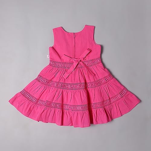 Image of Soft Cotton Lace Work Knee Length Fit & Flare Dress for Kids & Girls, Flower Embellished Frock for Casual & Special Occasion