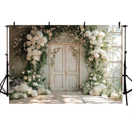 AIBIIN Toile de fond pour photographie florale de 2,1 x 1,5 m, blanc, feuilles vertes, fond de fenêtre, arrière-plan pour adulte, anniversaire, mariage,...