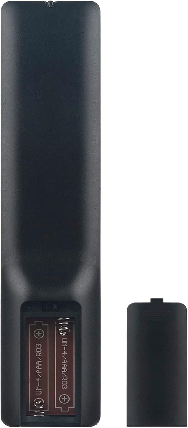 Back of VINABTY MBE741 remote control with battery compartment open, showing two AAA battery slots.