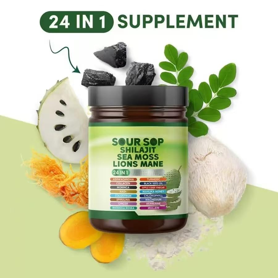 Soursop 24 w 1 - do przeciwutleniania, wspomagania mózgu i stawów oraz skóry - Codzienne wsparcie wellness, wegańskie, bez GMO